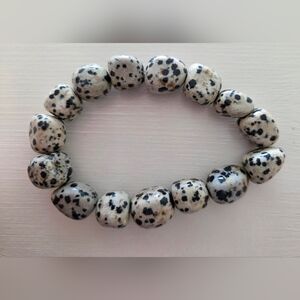 Dalmatian Jasper Square Stone Chunky Beaded Stretch Bracelet